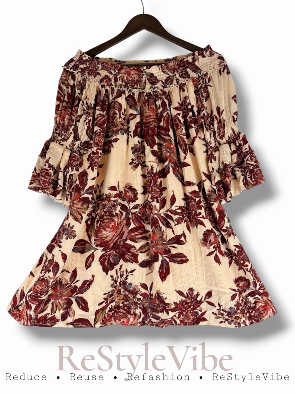 MISS ME Women’s Size S Dress Mini Floral Lined Off Shoulder Trumpet 1/2 Sleeve